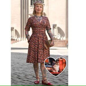 NWT Vintage-Inspired Cat & Book Wrap Dress, size 8